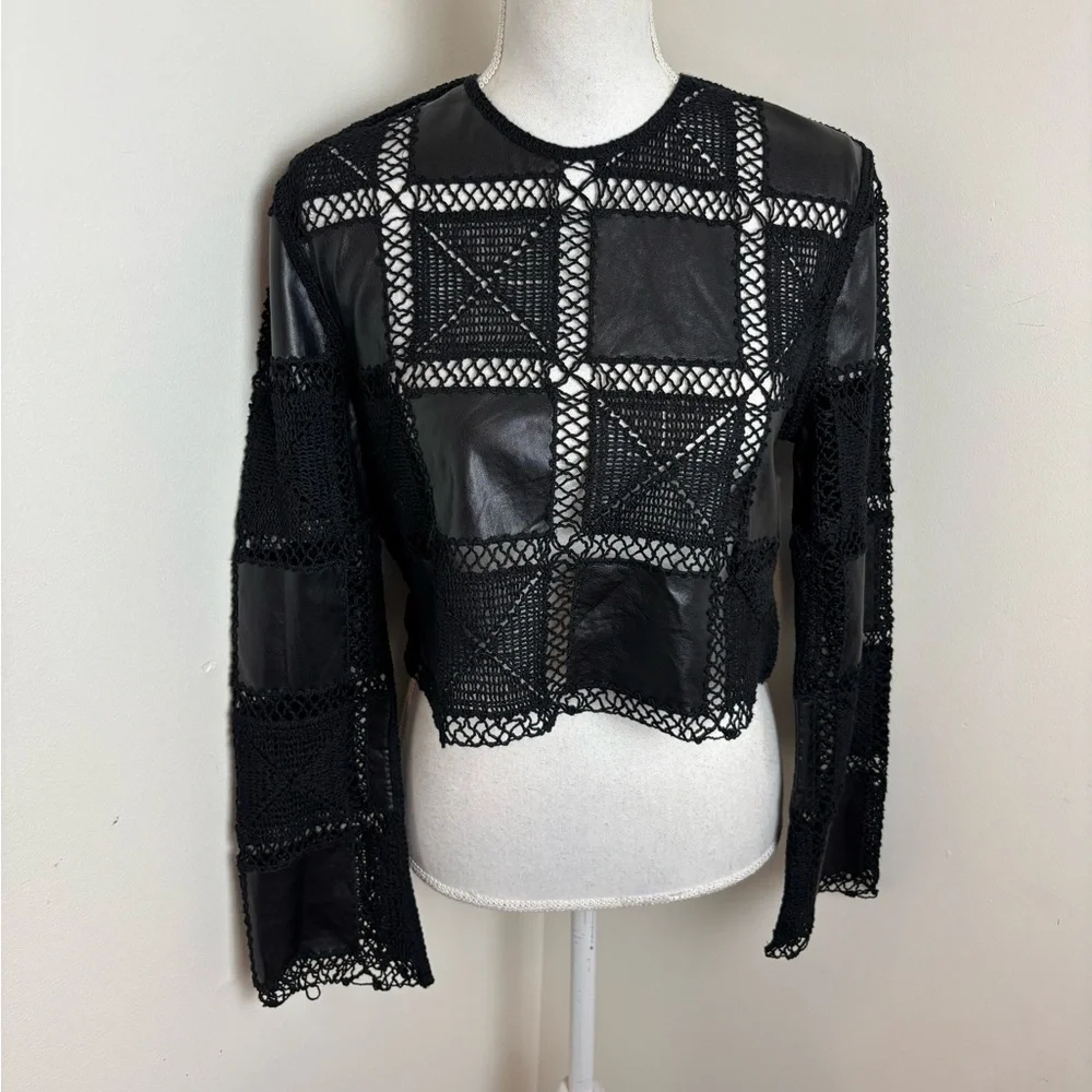 Zara Faux leather Crochet Cutout Black Mesh Long Sleeve Top Size Medium
